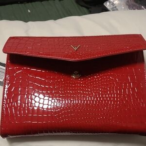 V-Accent Red Croc-Embossed Envelope Clutch
